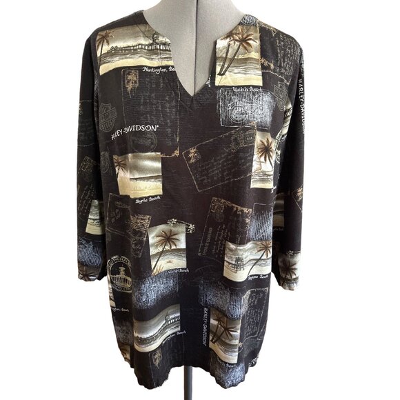 Harley-Davidson Tops - Harley-Davidson Womens Black & Tan Scenic Print Tunic Top XL Viscose